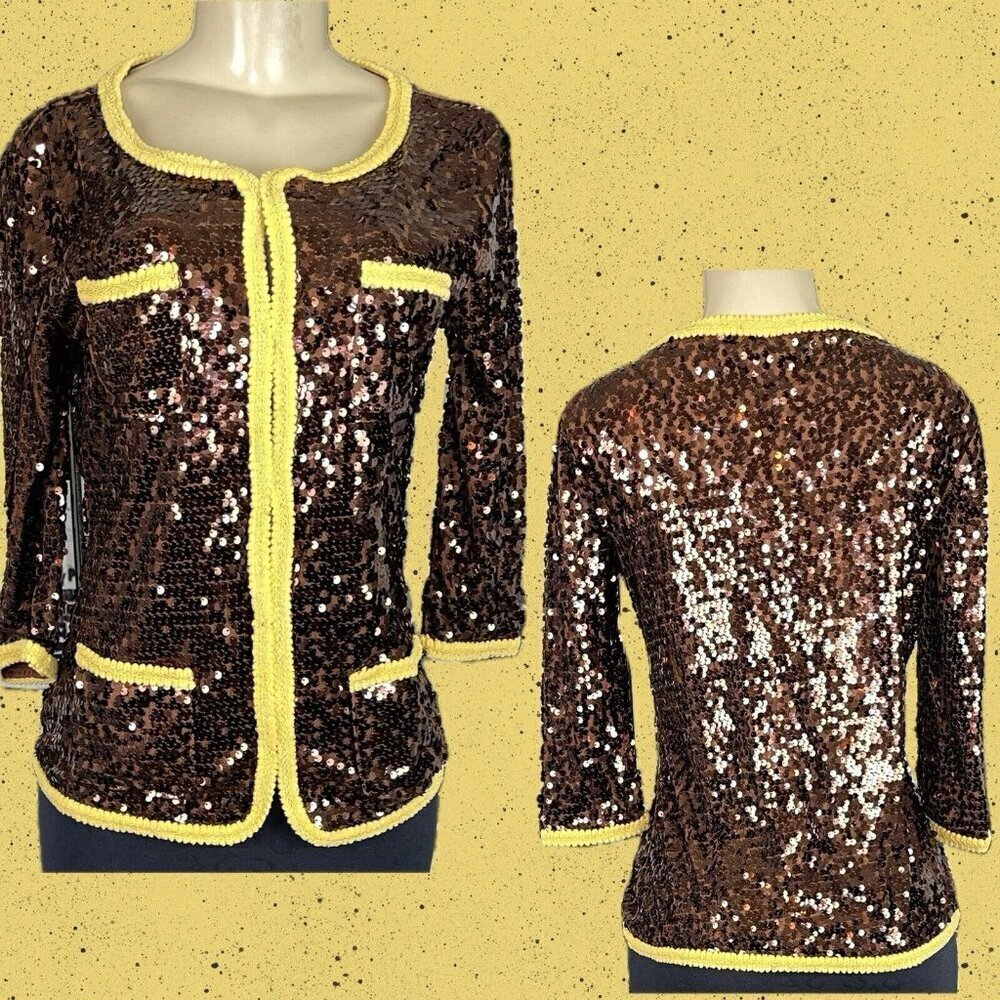 Iman S Brown Metallic Mesh Sequin Yellow Crochet Accent 3/4 Sleeve Topper Jacket